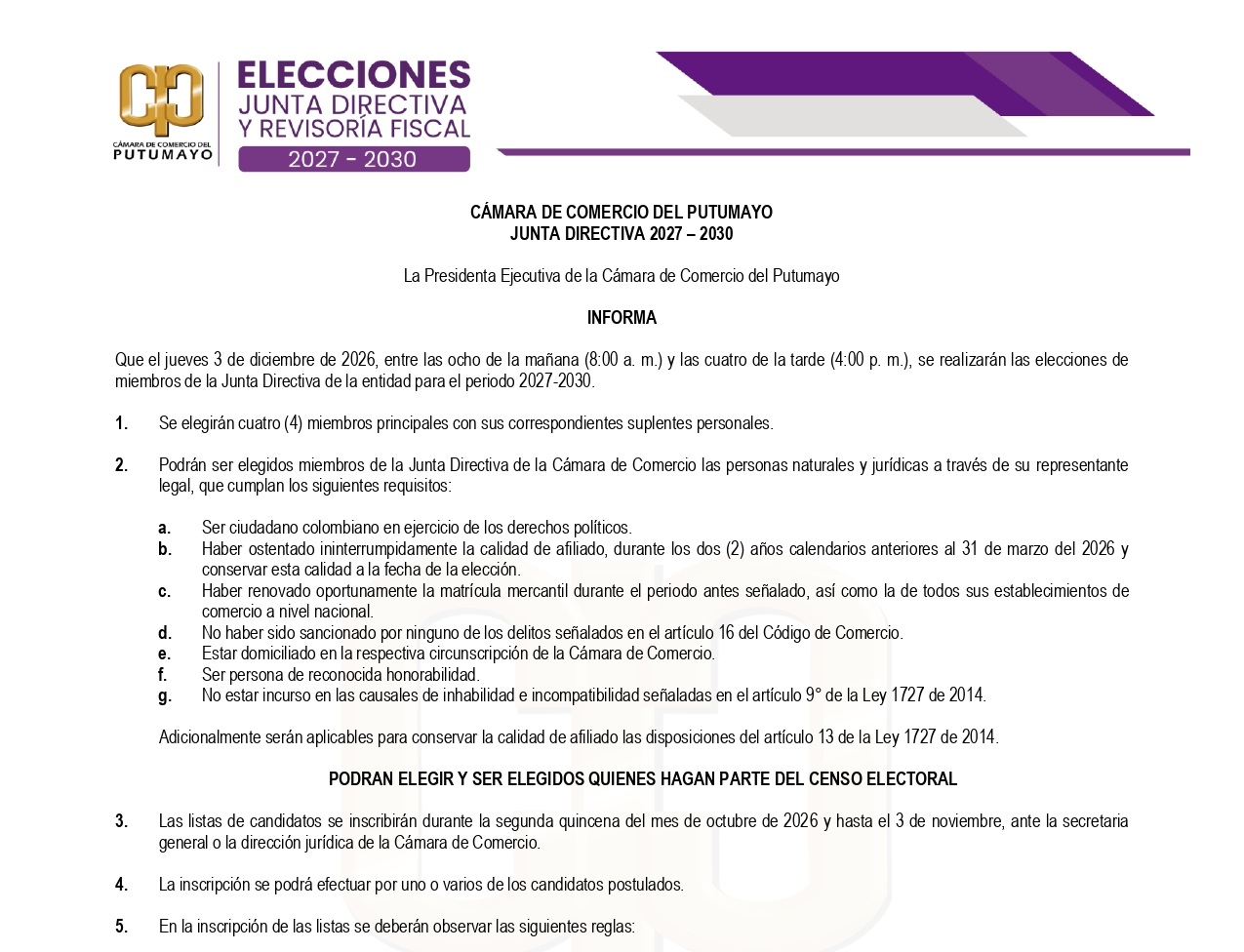 Requisitos para postularse Junta Directiva 2027 – 2030